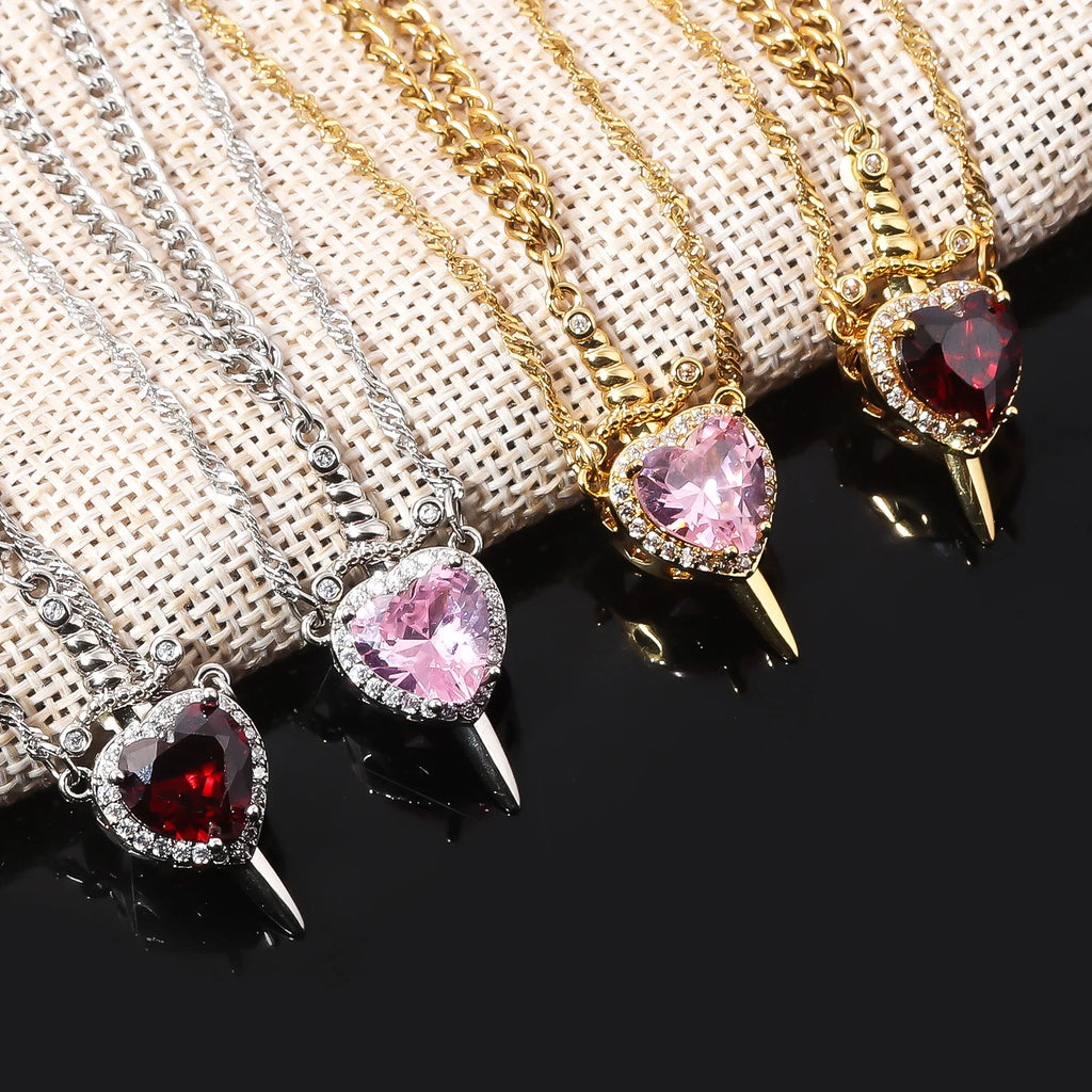 Heart and Sword Necklace Couple Necklaces Zircon Crystal Ring Bracelet Necklace Jewelry Set for Romantic Valentine's Day Gifts