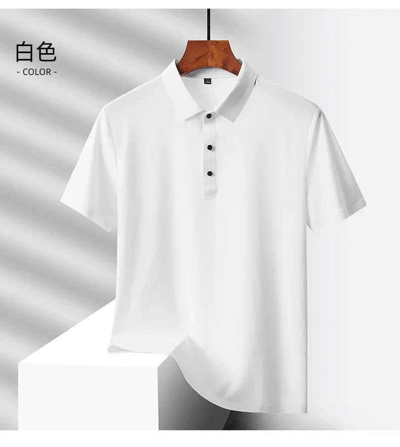Summer Ice Silk Quick Drying Loose Polo Shirt Middle Aged Men's Solid Lapel Button Simple Versatile Casual Thin Short Sleeve Top