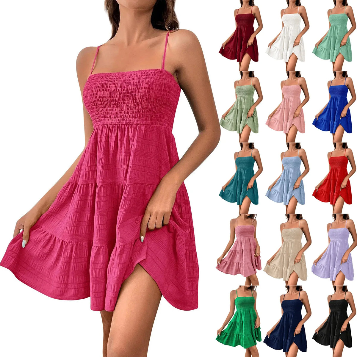 Bohemian Beach Sundress Women Sexy Sleeveless Backless Big Swing Mini Dress Solid Spaghetti Strap Ruffles Dresses Vestidos