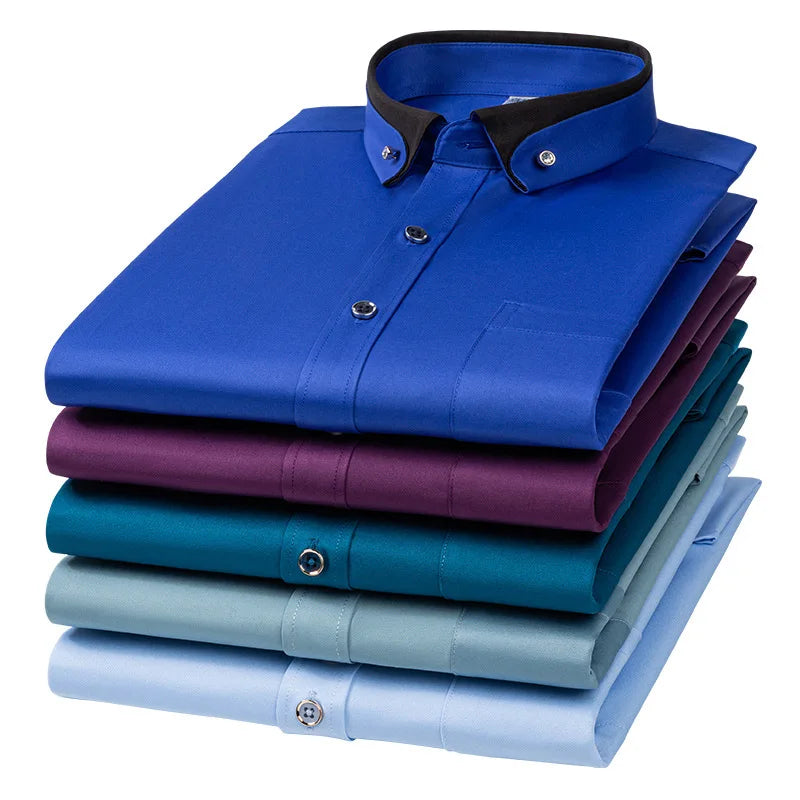 For Men'S Business Dress Shirts Male Formal Button-Down Social Collar Camisa Social Elastic Anti-Wrinkle Casual Men Shirt Pocket