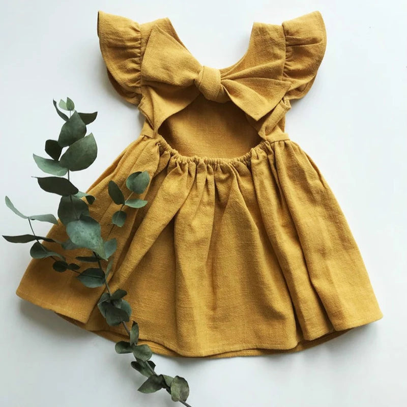 Kids Tales Essentials Baby Girls Dress Flying Sleeve Ruffles Cotton Backless Linen Newborn Infant Princess Dress Party Dresses