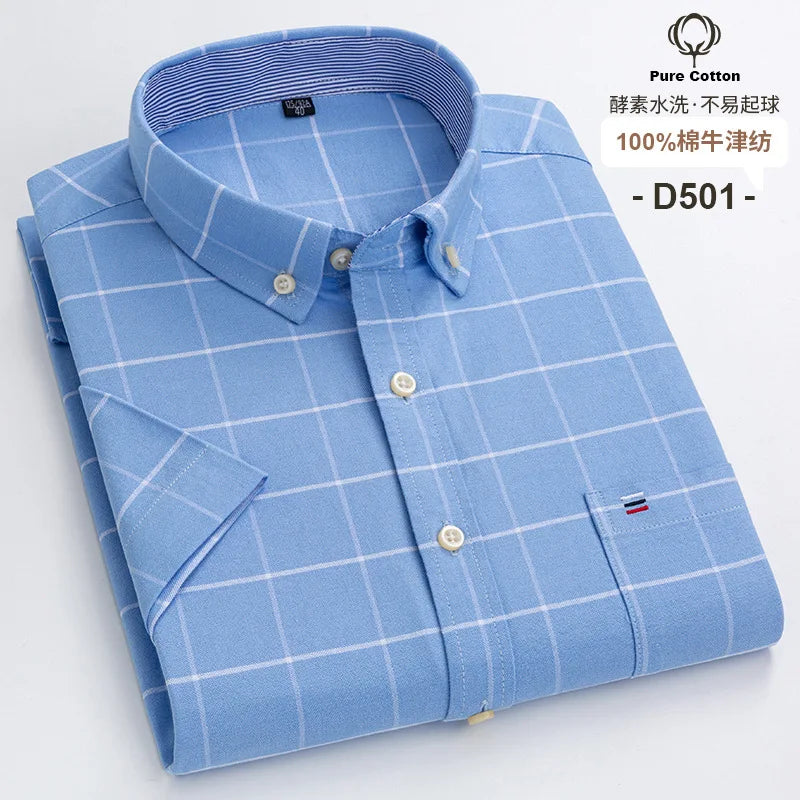 7XL Classic Men's Short Sleeve Shirt 100% Oxford Cotton Casual Plaid Stripe Shirt Business Men's Shirts Short Sleeve Large Size