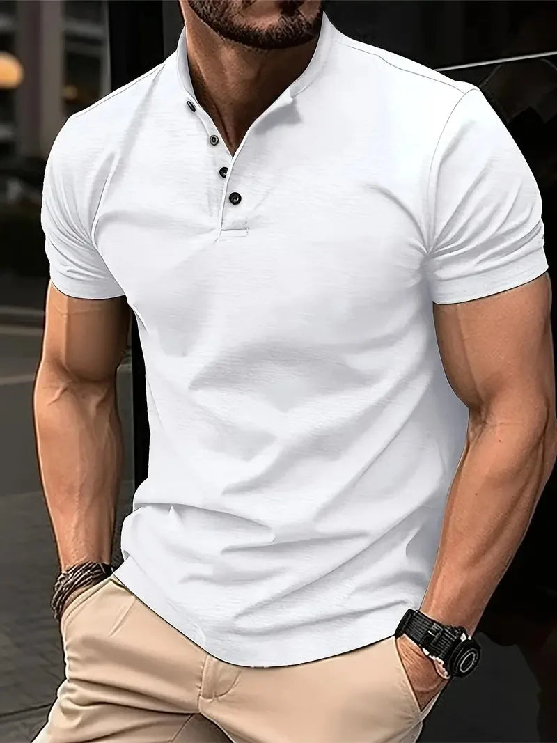 2026 New Henley Collar Summer Men Casual Solid Color Short Sleeve T Shirt for Men Polo men High QualityMens T Shirts