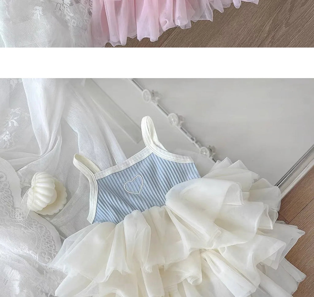ZOETOPKID Summer Girl Princess Dress Stylish Baby Strap Vest Layered Dress Korean Puffy Mesh Skirt Toddler Kids Trendy Skirts