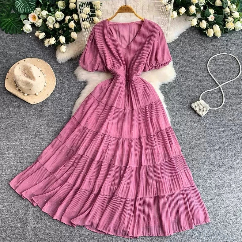 Summer Polka Dot Woman Elegant Dress Fashion V Neck Puff Sleeve Vestidos Korean A-Line Pleated Dresses 2026 Vestidos De Mujer