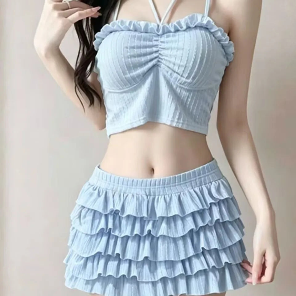 Sweet Sister Two-Piece Swimsuit Female Cake Skirt Slimming Female Polyester Fabric with Chest Pad No Steel Support