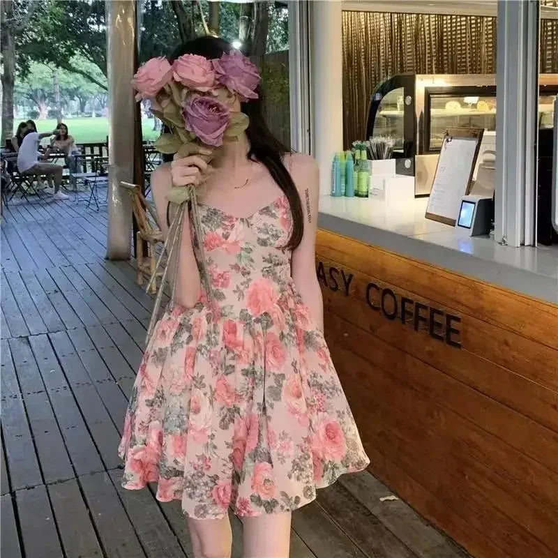 Nice Elegant High-waisted Slimming Floral Tank Dress For Women Spring Summer French Style Petite Mini Dress A- Line Sleeveless