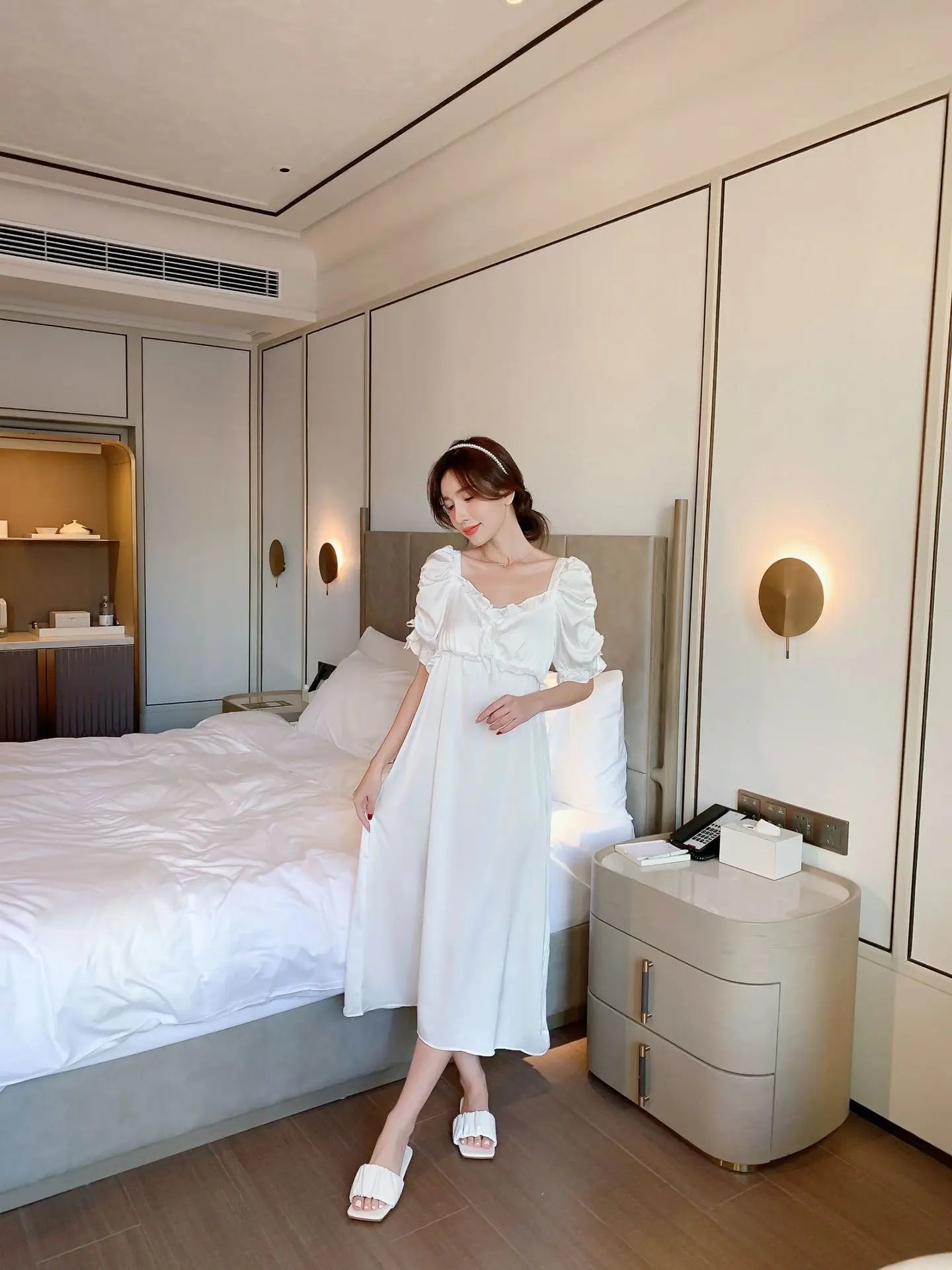 Satin Long Nightgown Women Sweet Lovely French Sleepwear Retro Silk Short Sleeve Sleepshirt Ladies Fashion Nightdress Home Dress