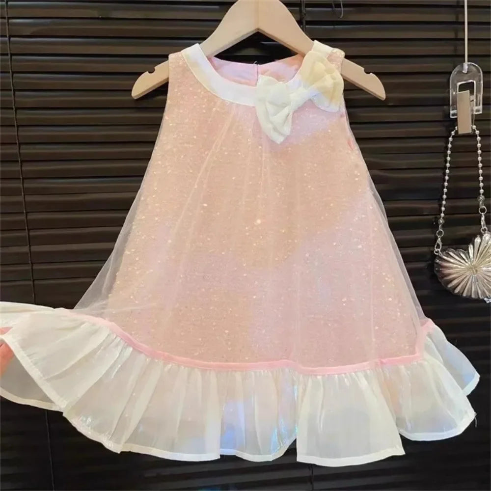 Bear Leader Bow Decoration Pink Girls Dress Summer New Sleeveless Mesh Sequin Princess Dresses Birthday Party Kids Clothes