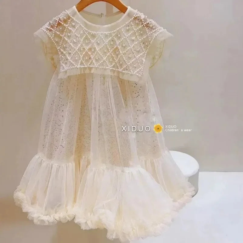 New Girls Princess Dress Casual Spring Summer Children's Wear Korean Pearl Neck Princess Dress Fashion Yarn Dress