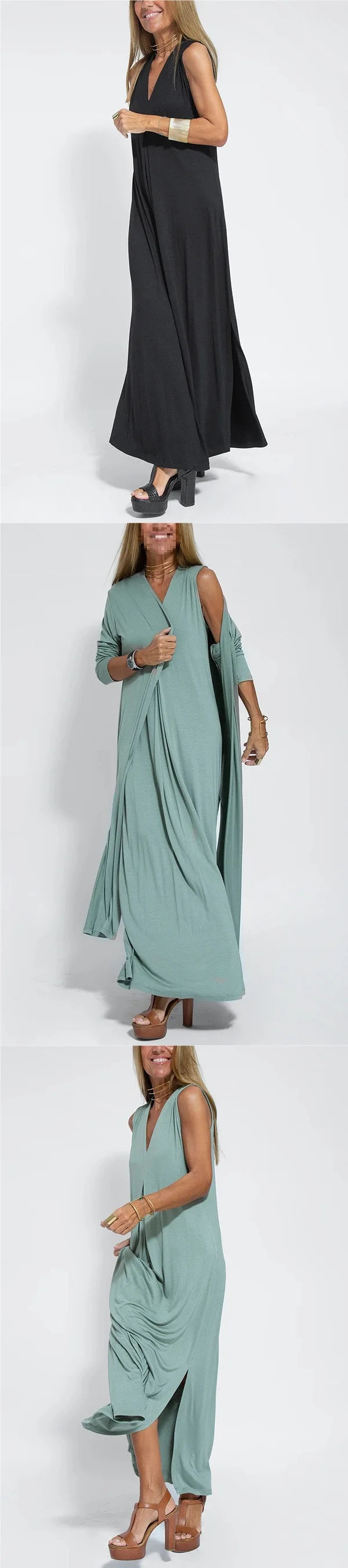 Spring Summer 2026 New Style Pure Color V-Neck Pullover Dress Cardigan Set Women's Versatile Long Skirt Casual Comfortable