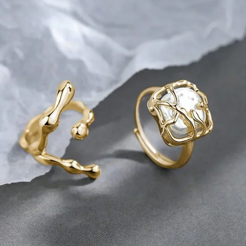 New Irregular Opening Pearl Ring Two-Piece Set For Women'S Fashionable Personalized Daily Accessory Jewelry Birthday Gifts