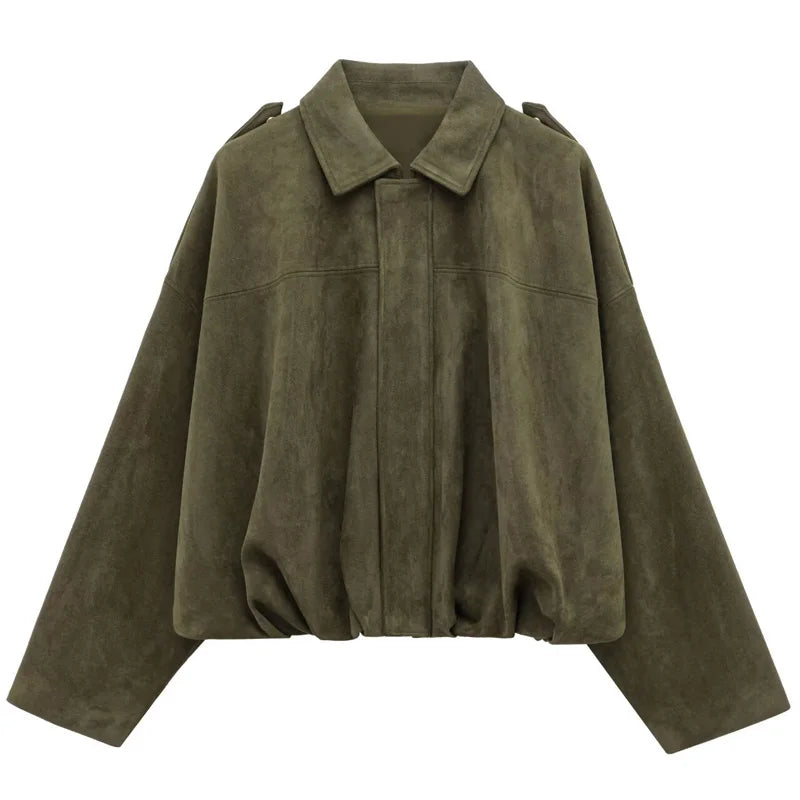 Women's Suede Bomber Jacket - Cropped Loose Fit Zip-Up