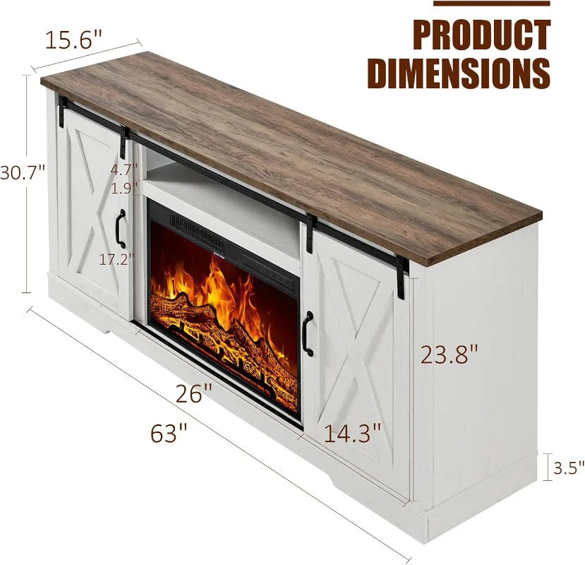 AMERLIFE Fireplace TV Stand with Sliding Barn Door Farmhouse Fireplace Entertainment Center with Storage Cabinets/Adjustable