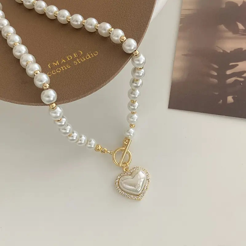 Elegant Pearl Necklace For Women'S Heart Pendant Necklaces Luxury Imitation Pearls Chain Necklaces Korean Jewelry Girls Gifts