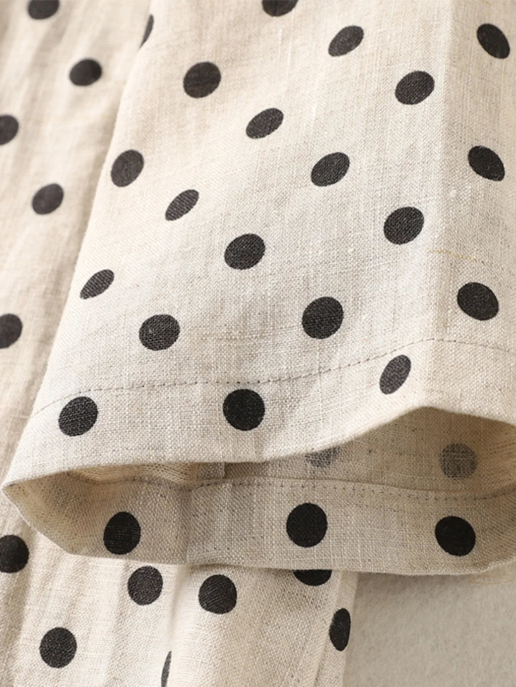 Summer Vintage Polka Dot Cotton Lin Short Sleeve Women's Dress Loose Slimming Gown Side Buttoned Midi Skirt A-Line Dress