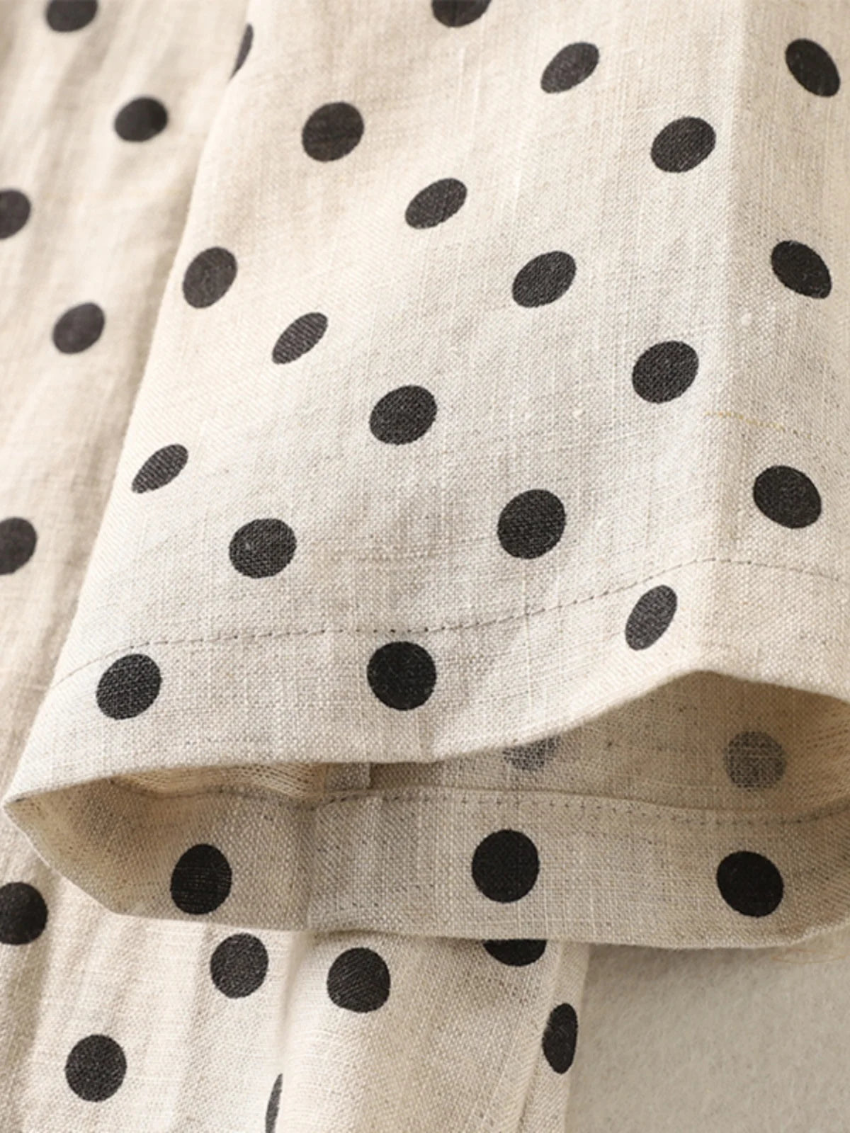 Summer Vintage Polka Dot Cotton Lin Short Sleeve Women's Dress Loose Slimming Gown Side Buttoned Midi Skirt A-Line Dress