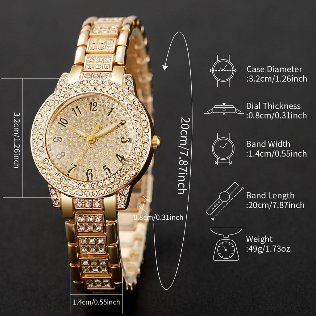6Pcs Fashion Full Diamond Women'S'S Watch Gold Steel Band Analog Quartz Watches Jewelry Set（Without Box）