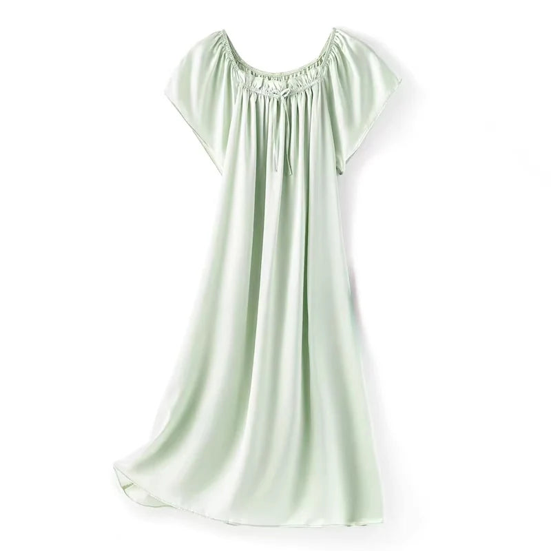 Women's Summer Casual Clothing 100% Natural Mulberry Silk Plain Satin Loose Short Sleeved Solid Color Princess Nightdress