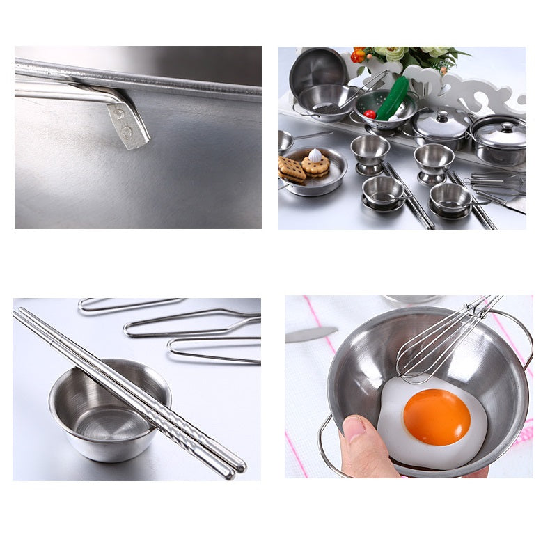 Juego de utensilios de cocina MINI de juguete para niños y niñas de acero inoxidable, pueden guardar alimentos, juguetes de cocina educativos de juego de imitación