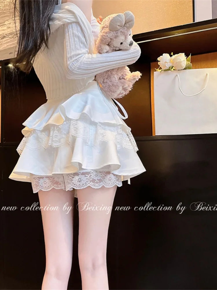 White Mini Skirts Women Lace Patchwork Sweet Ball Gown Sexy French Style Ruched Ruffled High Waist Summer Layered Romantic Gril