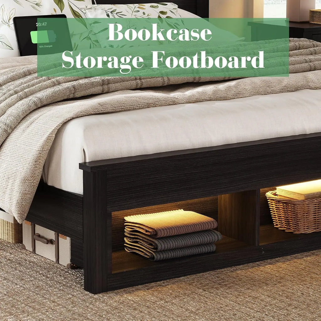 King Bed Frame with 47.2” Bookcase Storage Headboard & Footboard, Farmhouse Wooden Platform Bed with LED Light, Custom