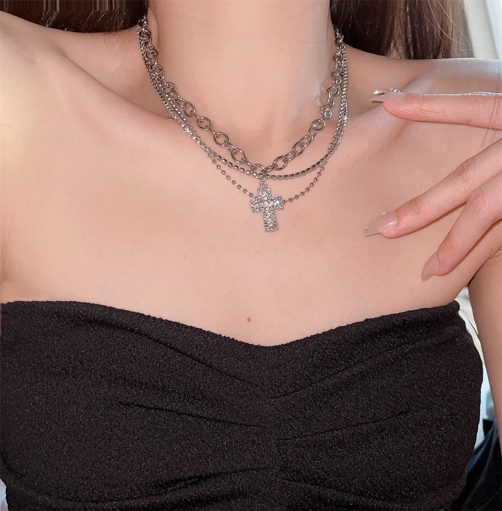 Punk Zircon Cross Pendant Necklace for Men Women Spicy Girl Sweet and Cool Style Multi Layered Necklace Gothic Jewelry Gifts