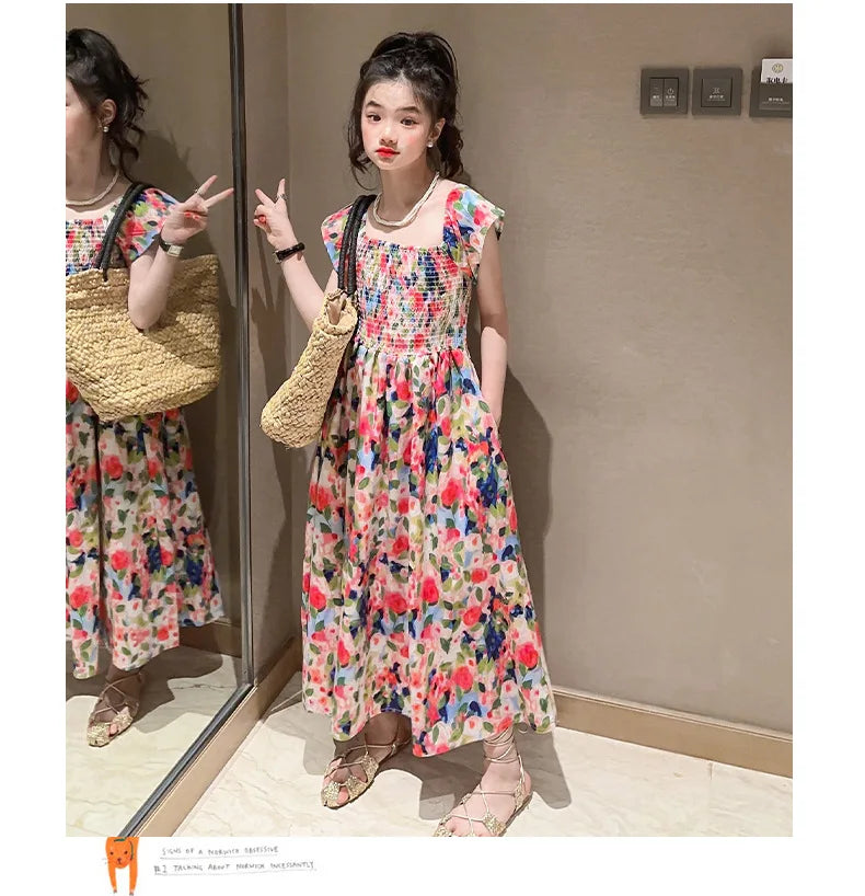 Girls floral dress summer dress children's summer thin princess dress older children girls skirt