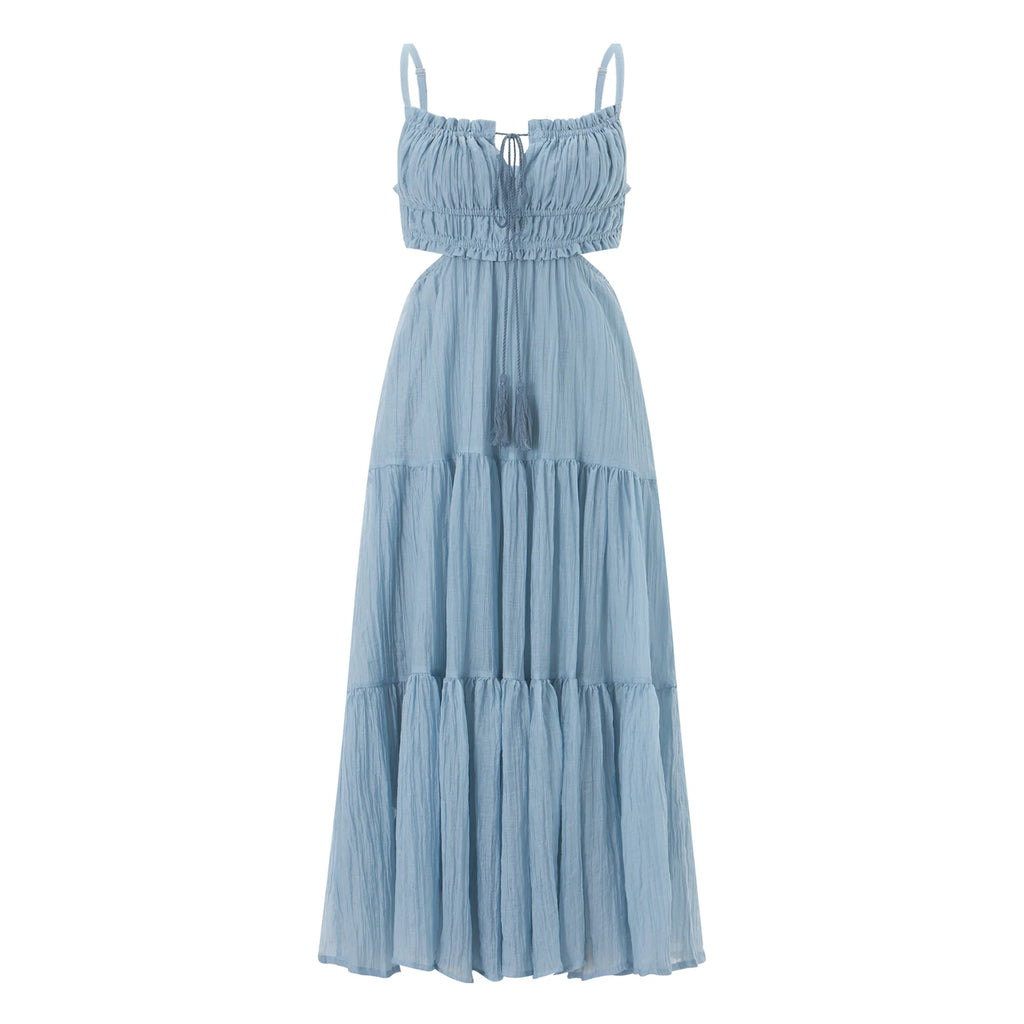 2024 Summer Women Flowy Long Dress Spaghetti Strap Cut Out Backless Ruffle A-line Dress Bohemian Party Holiday Casual Sundress