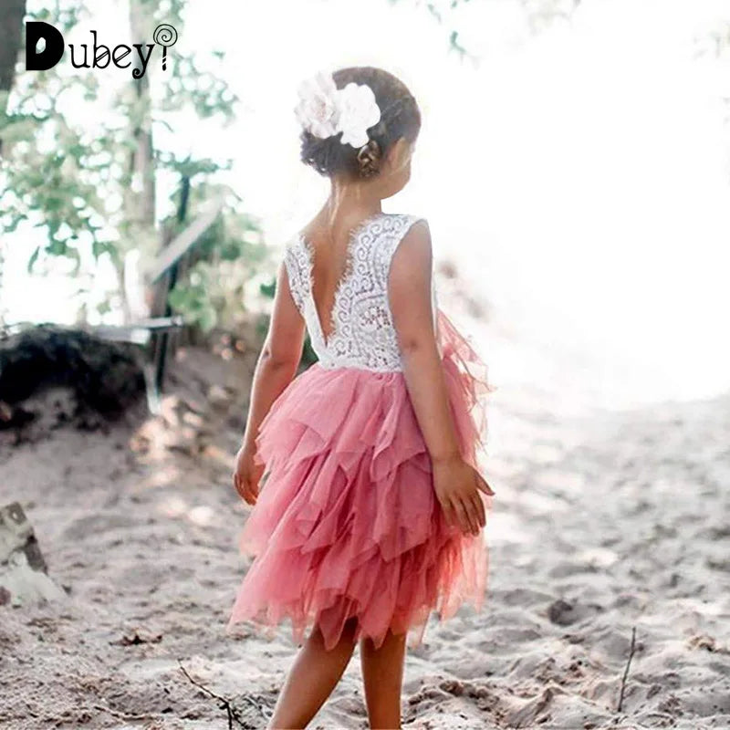 Flower Girl Bridesmaid Dresses Little Girl Layered Lace Tulle Dress Elegant Festival Princess Dress Sleeveless Clothes