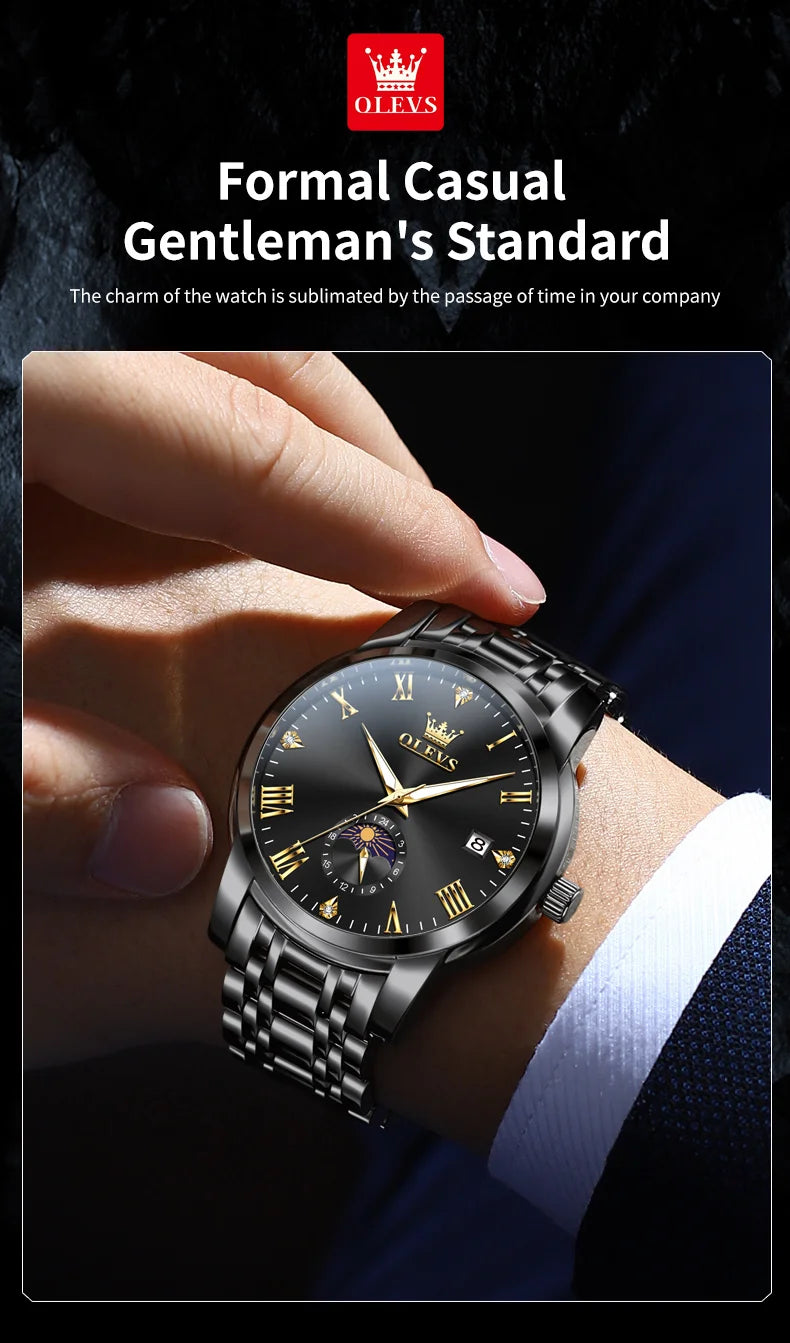 OLEVS 3656 Brand Men's Watches Fashion Original Quartz Watch for Man Waterproof Stainless Steel Luminous Wristwatch Moon Phase