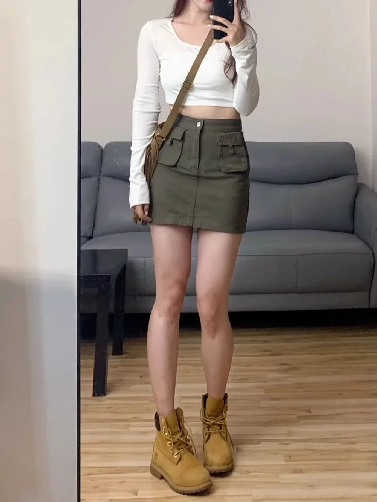 American Retro Workwear Mini Skirt A-Line Design plus Size High Waist Slimming Denim Half-length Skirts for Women