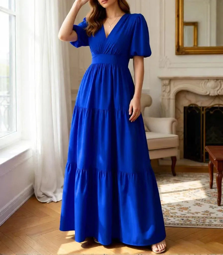 New Spring/Summer Fashion Casual Short Sleeve V-neck Solid Color Slim Fit Ankle Length Patchwork Fit And Flare Dress,2 Colors