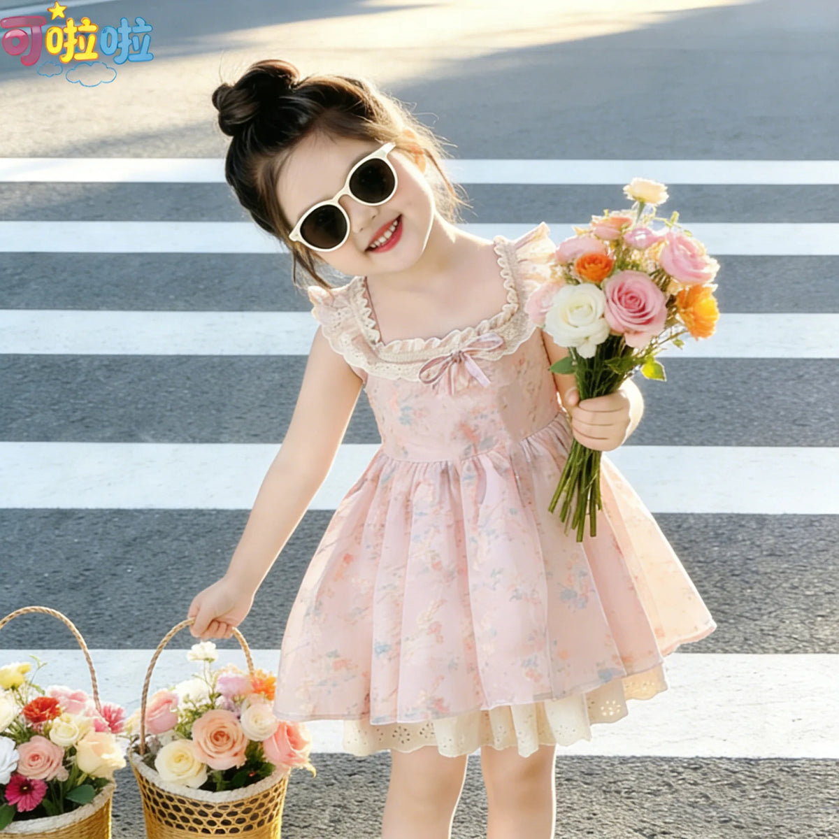 Girls' New Summer Korean Style Floral Print Sweet Princess Dress with Small Flutter Sleeves and Lace