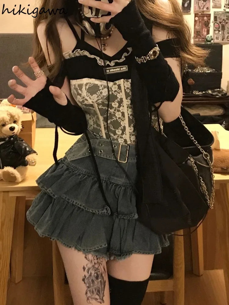 Streetwear Jean Skirt Women 2025 Faldas Mujer De Moda High Waist Vintage Saia Sweet Ruffles A-line Jupe Casual Y2k Mini Skirts
