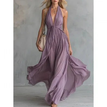 Elegant V-Neck Sleeveless Waist-Cinched Long Dress Summer New Style Pure Color Holiday Vibes Cross-Border Polyester Maxi Dress