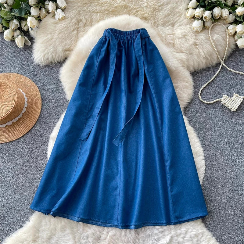 KAROFI Women Bow Tie Elastic Waist Denim Long Skirt Korean A Line Flowy Midi Jeans Skirt Casual Loose Vintage Blue Maxi Skirts