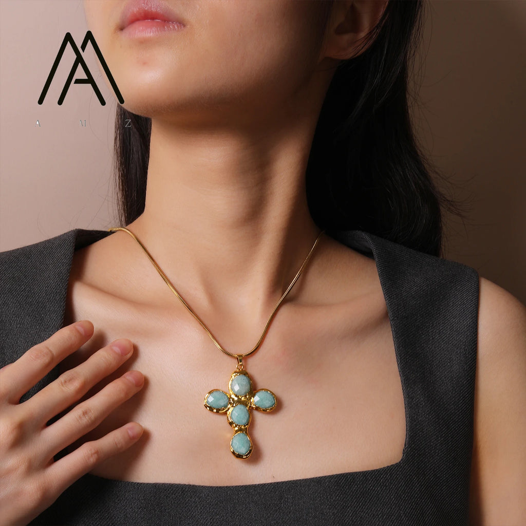 Cross Pendant Necklace Natural Moonstone Tianhe Stone Jewelry Classic Elegant Style Necklace Wedding Banquet Daily Jewels