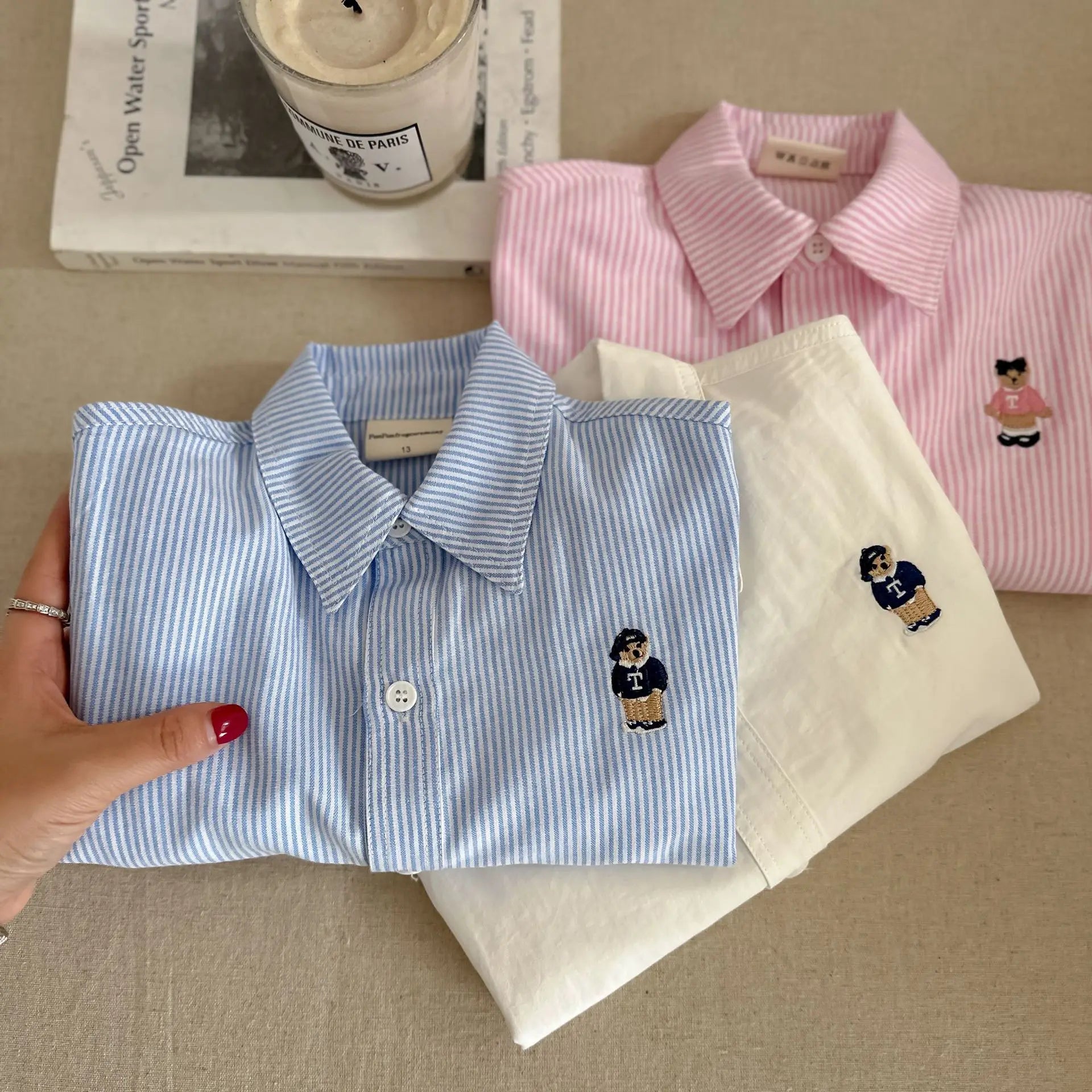 Children's Shirt 2025 Spring Cartoon Boys' Girls' Long Sleeve Blouses Shirts Korean Children's Clothing Pink Blue White Blouse