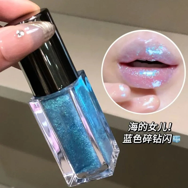 Multichrome Diamond Shimmer Lip Gloss Clear Glitter Metallic Pink Blue Orange Lip Stain Mirror-Shine Gloss 3D Sparkling Lips