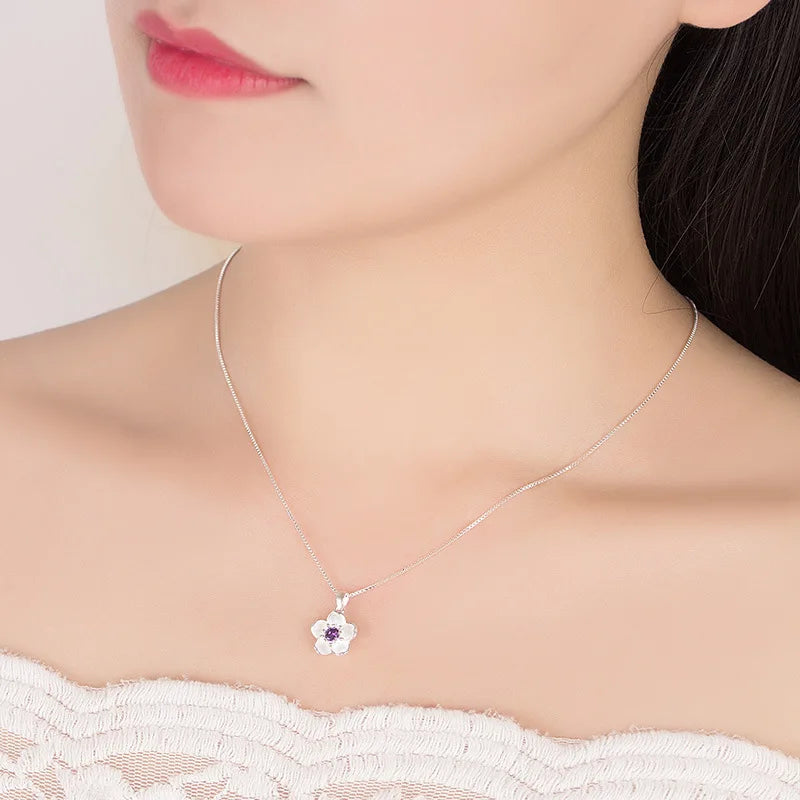 925 Sterling Silver Pink Purple Peach Blossom Necklaces For Women'S Retro Luxury Jewelry Accessories Freeshiping Items Jewellery