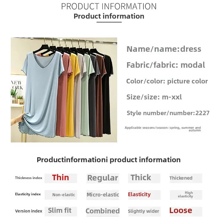 Loose Casual Modal Short Sleeve Dress V-Neck Base Skirt Thin Summer Floral Edge Sleep Dress Versatile Summer Dress