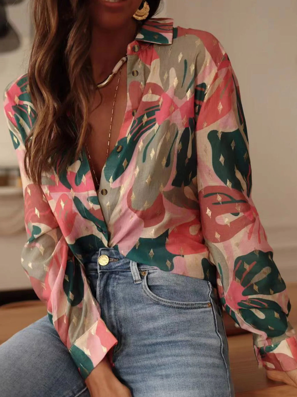 Women's Casual Printed Collar Shirt - Long Sleeve Loose Fit Top