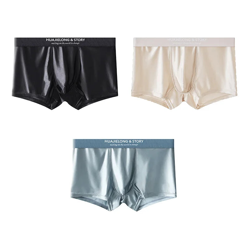 1/3Pcs Breathable Thin Satin Silk Boxer Briefs Seamless Mid Waist Ice Silk Boxers Underpants Smooth Underwear For Men Daily