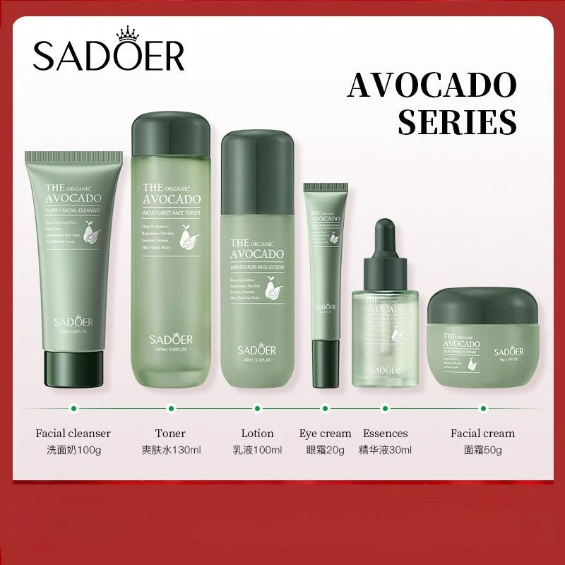 SADOER Avocado Skincare 6-Piece Set - Cleansing, Moisturizing, Care