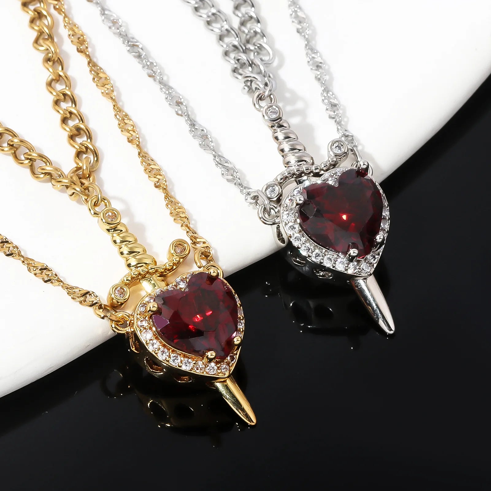 Heart and Sword Necklace Couple Necklaces Zircon Crystal Ring Bracelet Necklace Jewelry Set for Romantic Valentine's Day Gifts