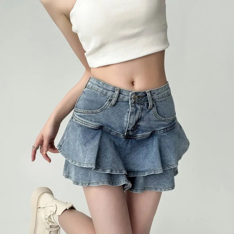 Denim Skirt Female Cake Skirt Summer A-line Miniskirt Pants High Waist Design Sense Niche Hip Hottie Skirt Girl Woman Comfort