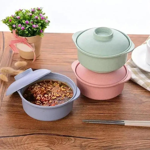 1 Pcs Kitchen Household Tableware Solid Color Lunch Tray Dishes Soup Bowl Lid Dinnerware Pure Natural Wheat Straw Bowls Tools