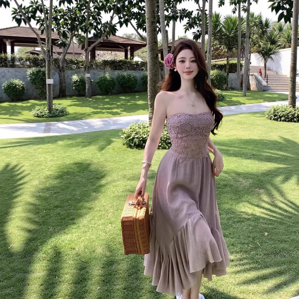 Slimming Dry Rose Splicing Tube Top Beach Dress Women's Style Long A-Line Skirt High Waist No Sleeve Shoulderless Polyester