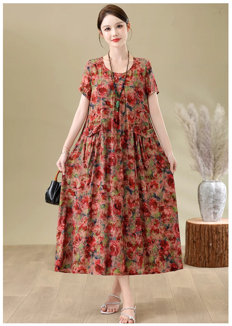 New Fashion Casual Summer Dresses For Women 2026 Loose Plus Size Clothes Elegant printting O-neck Short Sleeve Woman Clothing